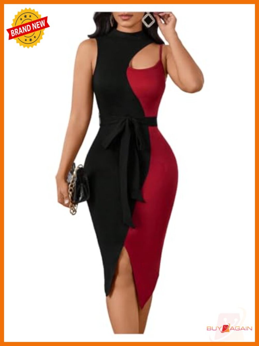 Women's Color Block Bodycon Midi Cutout Slit Dress Asymmetrical